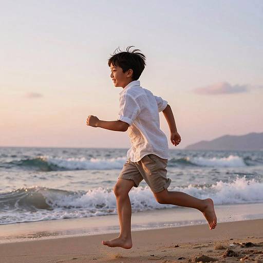 Photograph of a young Asian boy with short black hair, wearing a white shirt and beige shorts, running barefoot on a beach at sunset with waves