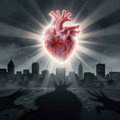 Digital artwork: Glowing, red heart with veins radiates beams over a dark, silhouetted cityscape; shadowy hands reach upward in
