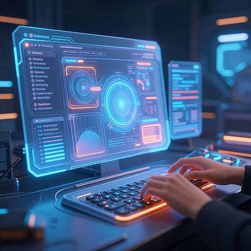 Photograph of a cyberpunk-style control room with glowing blue screens, hands typing on an illuminated keyboard, and neon orange accents.