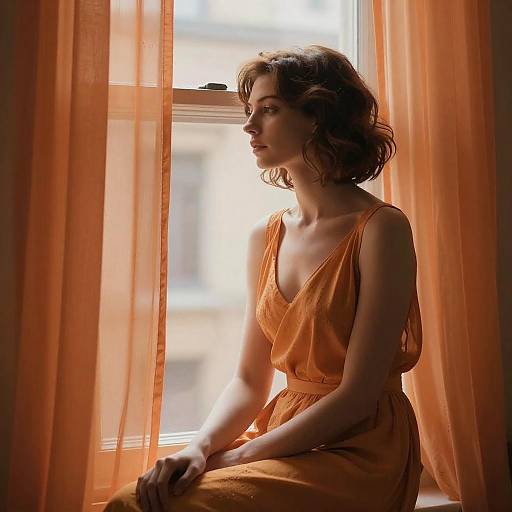 Woman in Orange Dress Sitting by Window