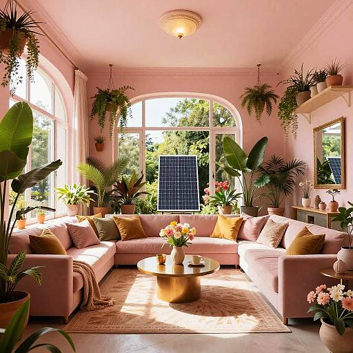 Maximalist Green Solar Living Room with Pink Decor
