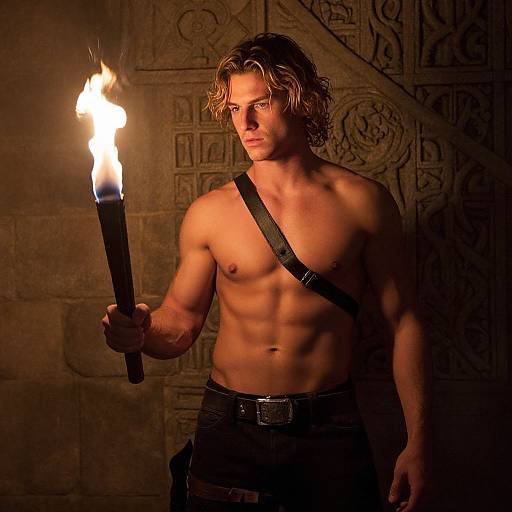 Muscular, shirtless man with shoulder-length brown hair holds flaming torch, dark stone wall with intricate carvings in background, dramatic lighting.