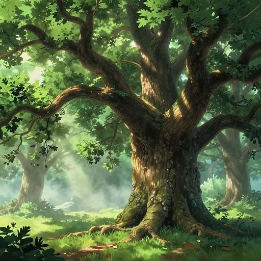 Photorealistic digital artwork of a sunlit, lush forest with a large, twisted tree at the center, surrounded by dense green foliage and dapp