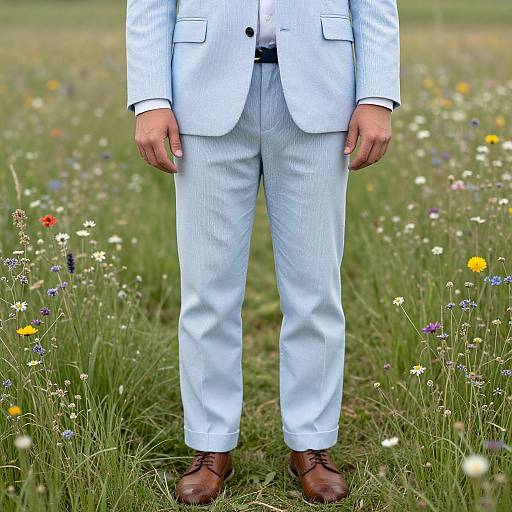 Photograph of a man's lower half in white pinstripe suit, brown shoes, standing in a colorful wildflower meadow.