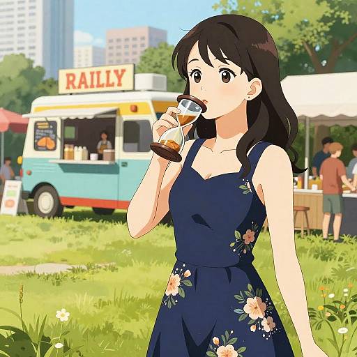 Anime-style digital illustration of a black-haired woman in a navy floral dress sipping from a glass at a sunny outdoor market, with a 