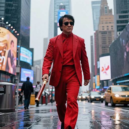 Man in Red Suit Walking in Rain at Times Square