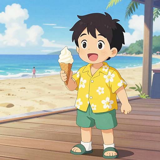 Cheerful Boy on Sunny Beach Boardwalk