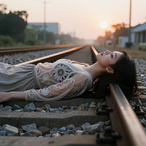 Woman Lying on Railway Tracks at Sunset
