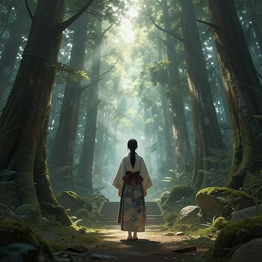Digital art of a lone figure in a kimono, standing on a forest path with sunlight filtering through towering trees.
