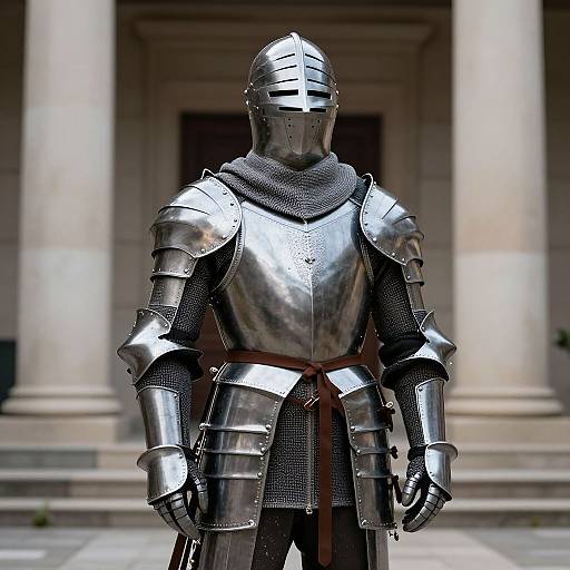 Photograph of a knight in shiny, reflective silver armor with a metal helmet and chainmail, standing in front of a stone building with large columns.
