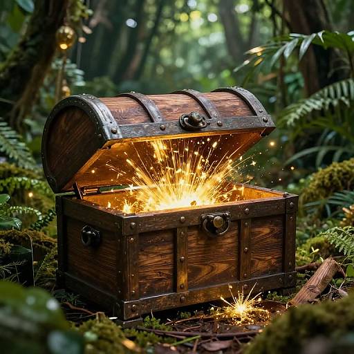Photograph of a wooden treasure chest with metal bands, open and emitting bright, sparkling gold light, surrounded by lush forest foliage.