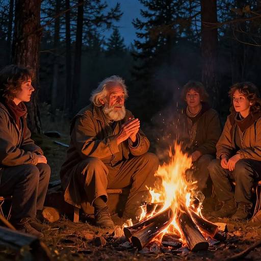 Photograph of three adults, including an elderly white man with a white beard, sitting around a campfire in a dark forest at night, illuminated by