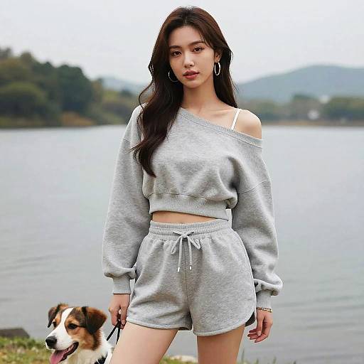 Photograph of an Asian woman with long black hair, wearing a gray off-shoulder sweater and matching shorts, standing by a lake with a brown