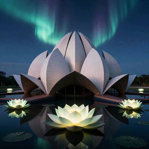 Floating Bioluminescent Lotus Temple in Aurora