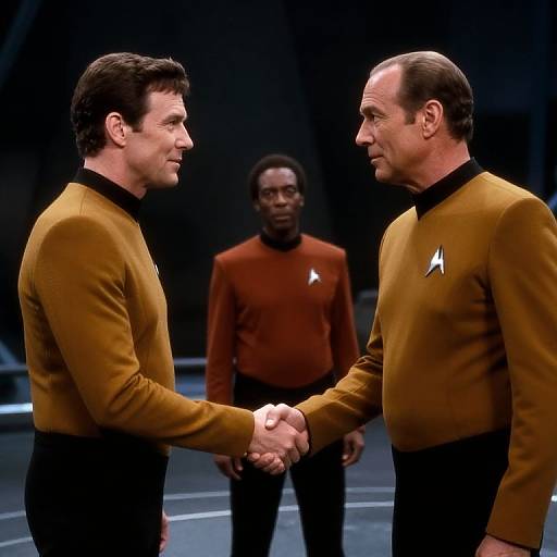 Photograph of two men in Star Trek uniforms shaking hands, with a third man in a brown Starfleet shirt in the background.