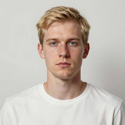 Photograph of a young, fair-skinned, blonde-haired man with blue eyes, wearing a plain white shirt, against a plain white background.