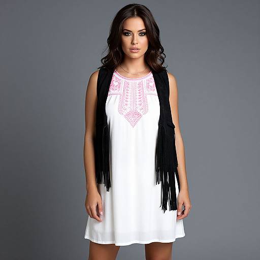 Photograph of a dark-haired woman with wavy hair, wearing a white lace-trimmed dress and black fringed scarf, against a gray background