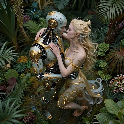 Digital artwork of a blonde woman kissing a golden robotic man amidst lush, exotic foliage, both adorned with intricate gold patterns.