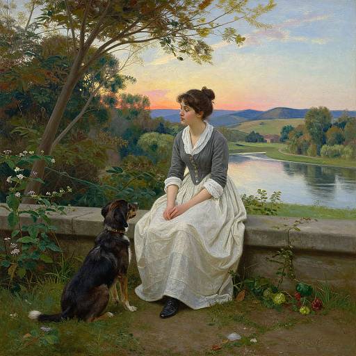 Photorealistic painting of a Victorian woman in a grey dress and white apron, sitting beside a black dog by a serene lake at sunset, with
