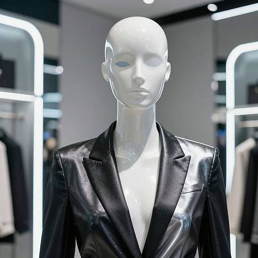 Photograph of a glossy, white, headless mannequin wearing a black leather blazer, set against a brightly lit, modern clothing store background