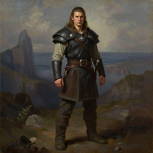 Photorealistic painting of a muscular, long-haired man with stern expression, wearing medieval armor, standing on rocky landscape with distant mountains.