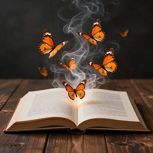 Photograph of an open book emitting smoke with six orange and black butterflies rising from the pages, set on a dark wooden table against a black background.