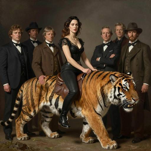 Woman Riding Large Tiger with Group of Men in Vintage Attire