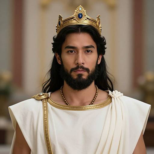 Photograph of a bearded, long-haired man with medium brown skin, wearing a gold crown with blue gems, white toga, and bead necklace