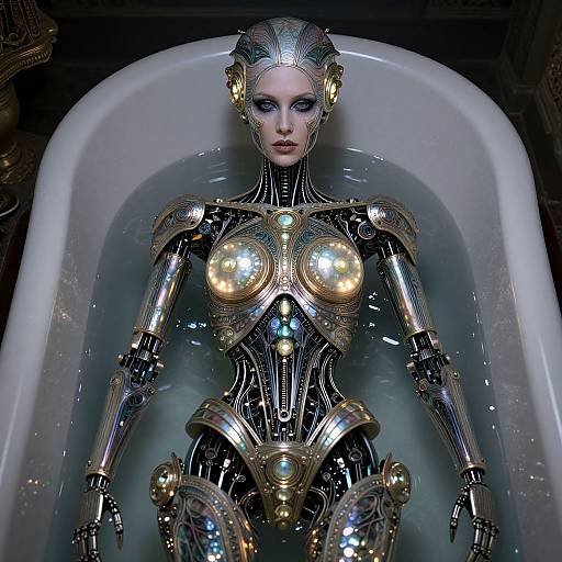 CGI image of a futuristic, cyborg woman with metallic gold and black armor, sitting in a white bathtub filled with water. She has an intricate