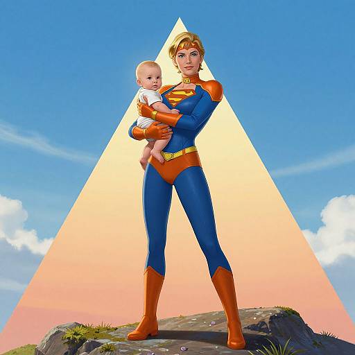 CGI image of a blonde woman in blue and orange superhero suit, holding a baby, standing on a rock with a large triangular yellow-orange background against
