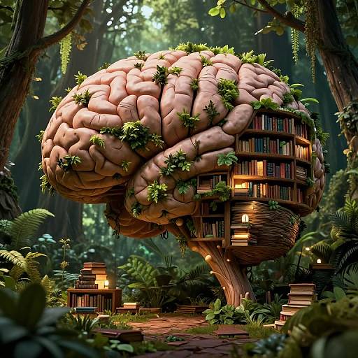 Digital art of a giant, pink, brain-shaped treehouse with bookshelves, small lanterns, and greenery in a lush, forested