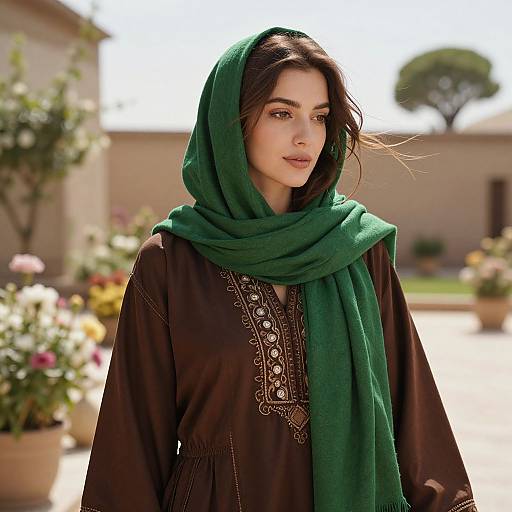 Photograph of a young woman with olive skin, dark brown eyes, and long brown hair, wearing a green scarf and brown embroidered top, standing in