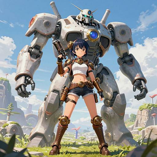 Anime-style digital artwork of a blue-haired girl in a white crop top, brown shorts, and boots, standing confidently with a large robot behind her in
