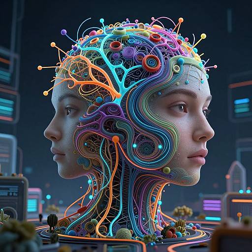 Digital CGI of a dual-profiled woman with vibrant, colorful, circuit-like neural patterns and wires intertwining her head and neck in a futuristic, neon