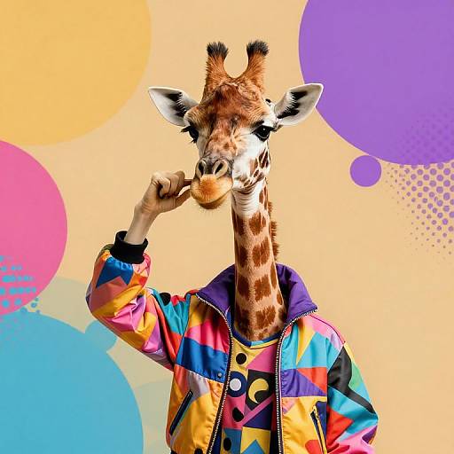 Photograph of a giraffe wearing a colorful, geometric-patterned jacket, blowing a kiss against a vibrant, abstract orange and purple background.