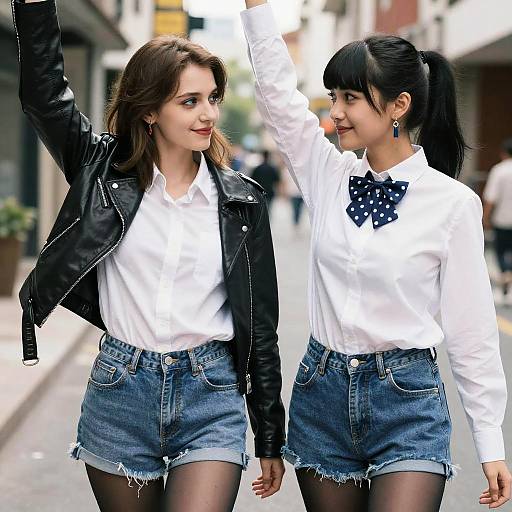 Photograph of two young women walking on a city street, both wearing white shirts, denim shorts, black jackets, and polka dot bow ties,