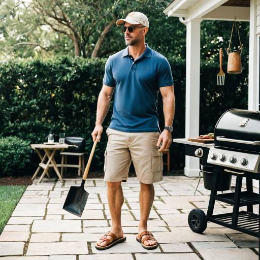 Man in Casual Summer Outfit Holding Shovel Near Grill