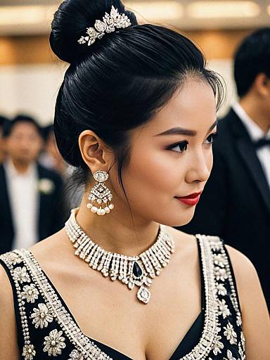 Photograph of an Asian woman with black hair in an updo, wearing an elaborate black dress with white floral embroidery, and sparkling jewelry, including a