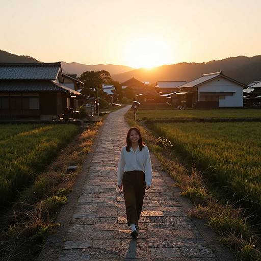 Photograph of a smiling Asian woman with shoulder-length brown hair, wearing a white blouse and black pants, standing on a stone path at sunset in a