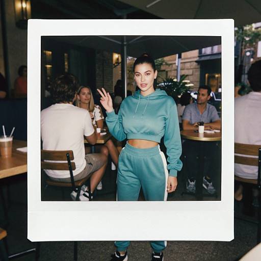 Photograph of a confident woman with medium skin tone, dark hair in a bun, wearing teal crop hoodie and matching joggers, waving at a bustling