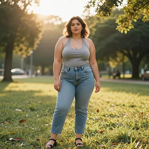 Photograph of a curvy, fair-skinned woman with shoulder-length dark hair, wearing a grey tank top and high-waisted blue jeans,