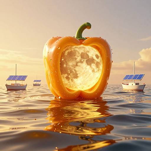Photorealistic CGI: Glowing, water-drenched orange bell pepper with a visible Earth inside, floating on a sunset-lit ocean, surrounded by