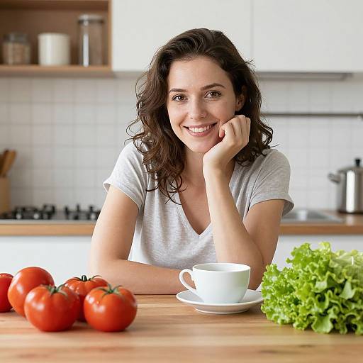 Photograph of a smiling, dark-haired woman in a white shirt, leaning on a kitchen counter with tomatoes and lettuce, and a white cup. Bright