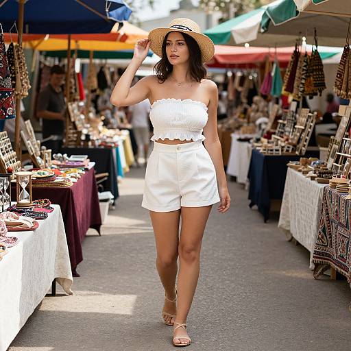 Photograph of a young woman in a white, strapless, ruffled top and high-waisted shorts, wearing a wide-brimmed hat
