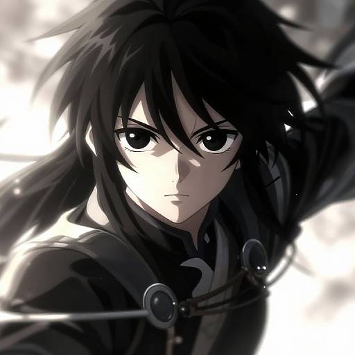 Digital anime-style drawing of a determined young man with black hair, intense black eyes, and dark clothing, set against a bright white background.