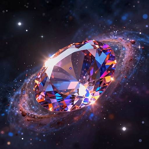 A vibrant, faceted crystal orb with colorful reflections floats in a cosmic space, surrounded by a swirling galaxy and stars. Digital artwork.