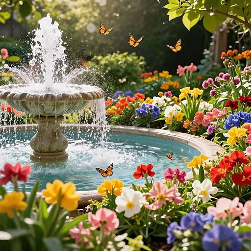 Vibrant Lush Garden with Fountain
