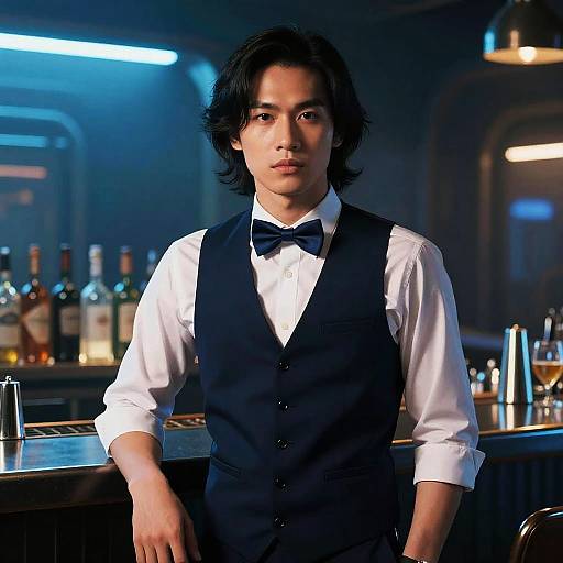 Cyberpunk Vietnamese Bartender in Neon Bar