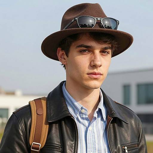 Young Man in Brown Fedora and Leather Jacket Outdoors