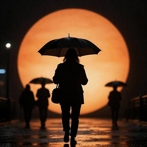 Silhouetted figure with umbrella walking in rain at night